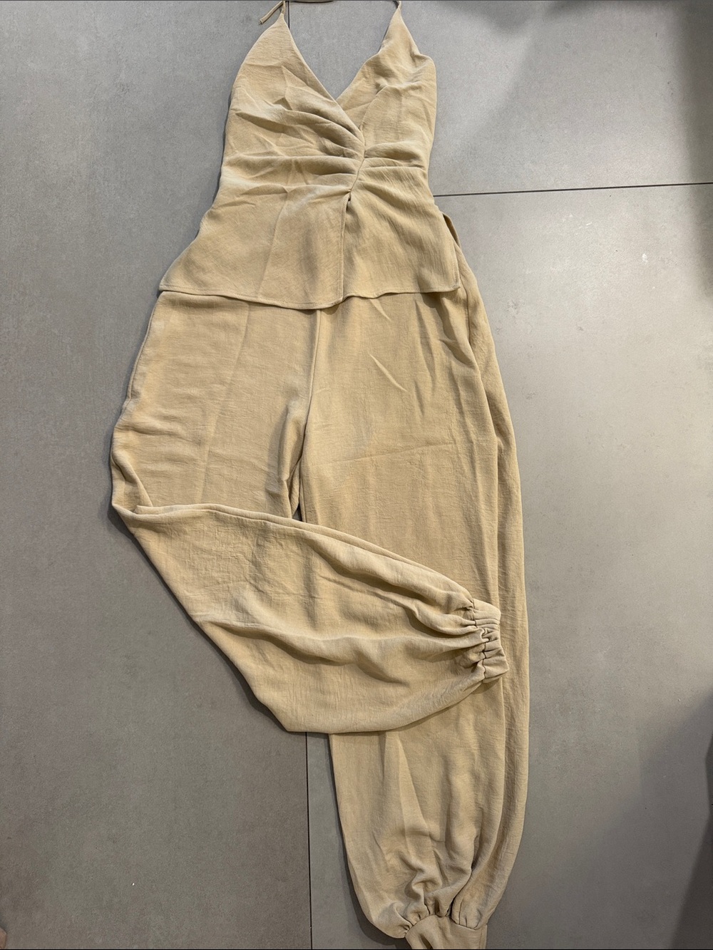 Zara Beige Halter-Style Jumpsuit with Gathered Front